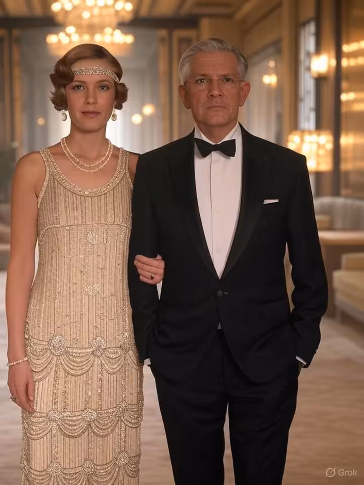 An elegant 1920s Art Deco scene showing a stylish young flapper woman in a beaded dress and pearls s