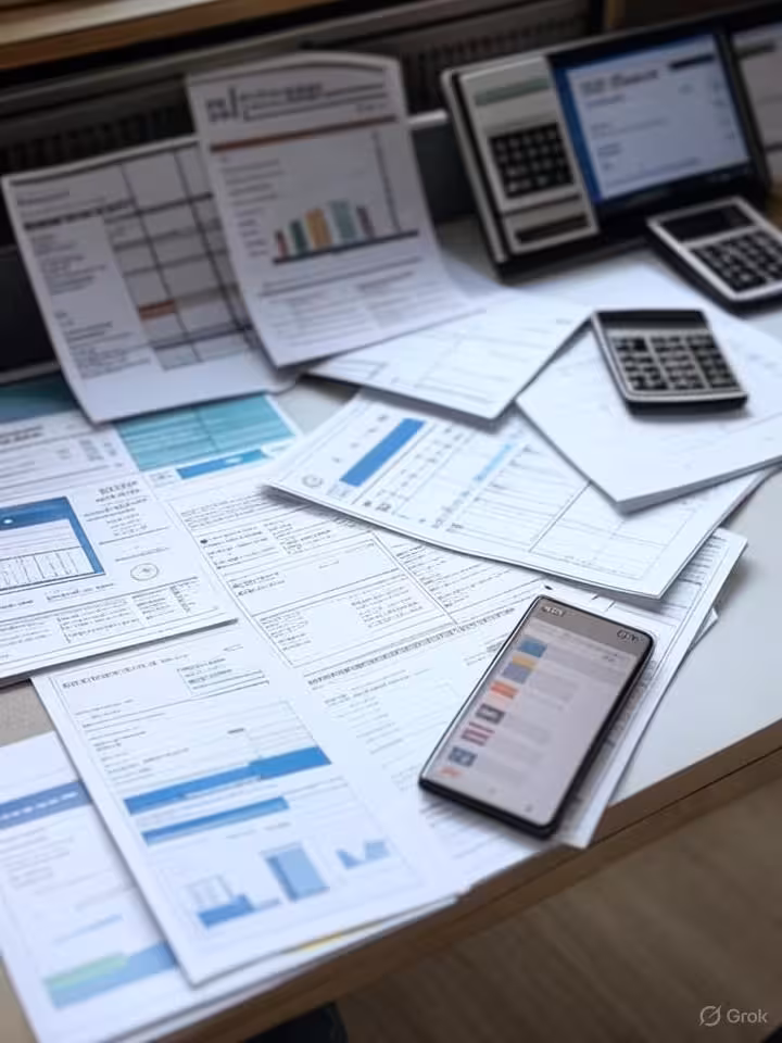 Editorial style photograph of various financial documents and planning materials spread on a modern 