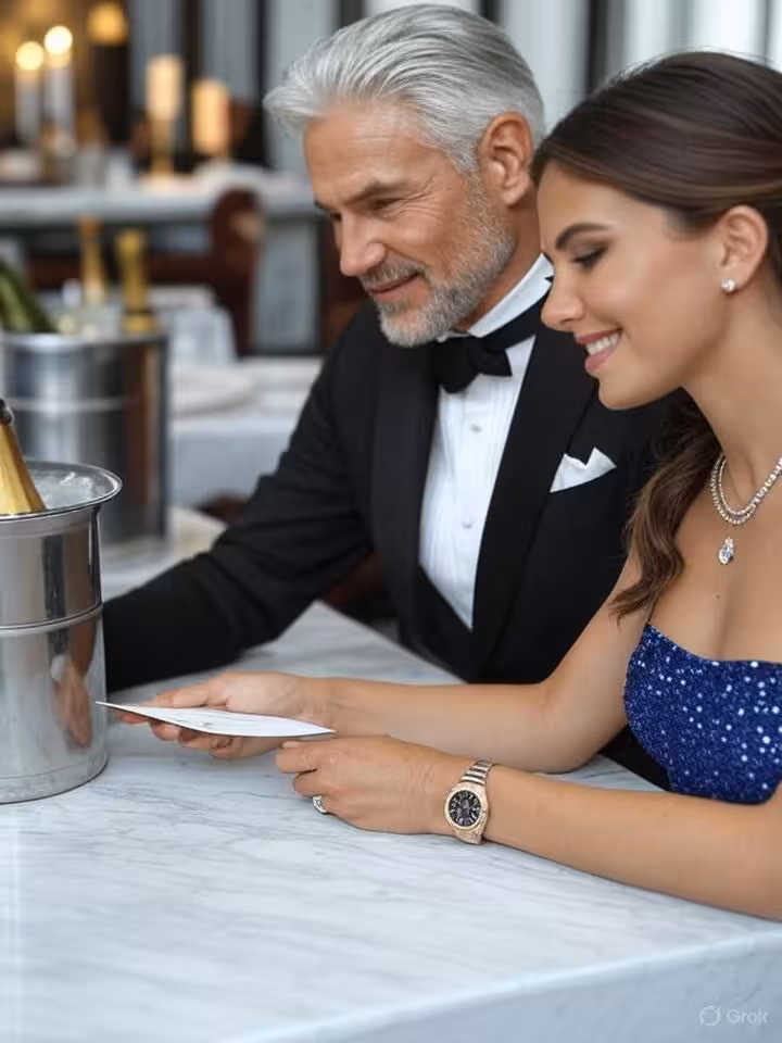 Handsome distinguished silver-haired gentleman in his late 50s wearing Rolex and designer suit discr