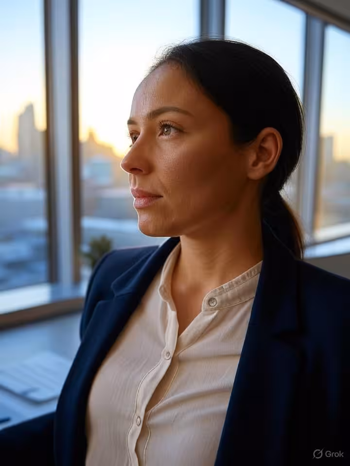 Elegant young professional woman in business casual attire looking at city skyline through modern of