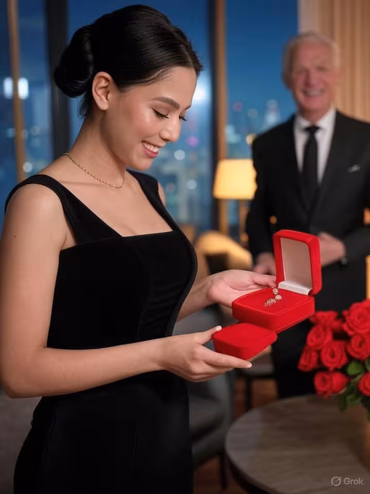 Beautiful young woman with long dark hair in elegant updo, radiant expression of genuine delight, we