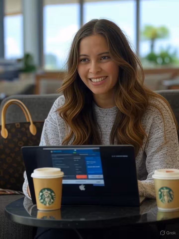 Beautiful confident young woman in her mid-20s sitting in an upscale hotel lobby cafe with MacBook o