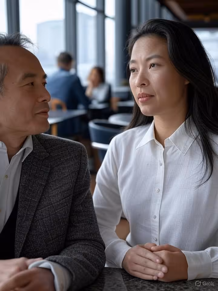 Diverse modern sugar dating meeting scene: professional middle-aged man and young woman having coffe