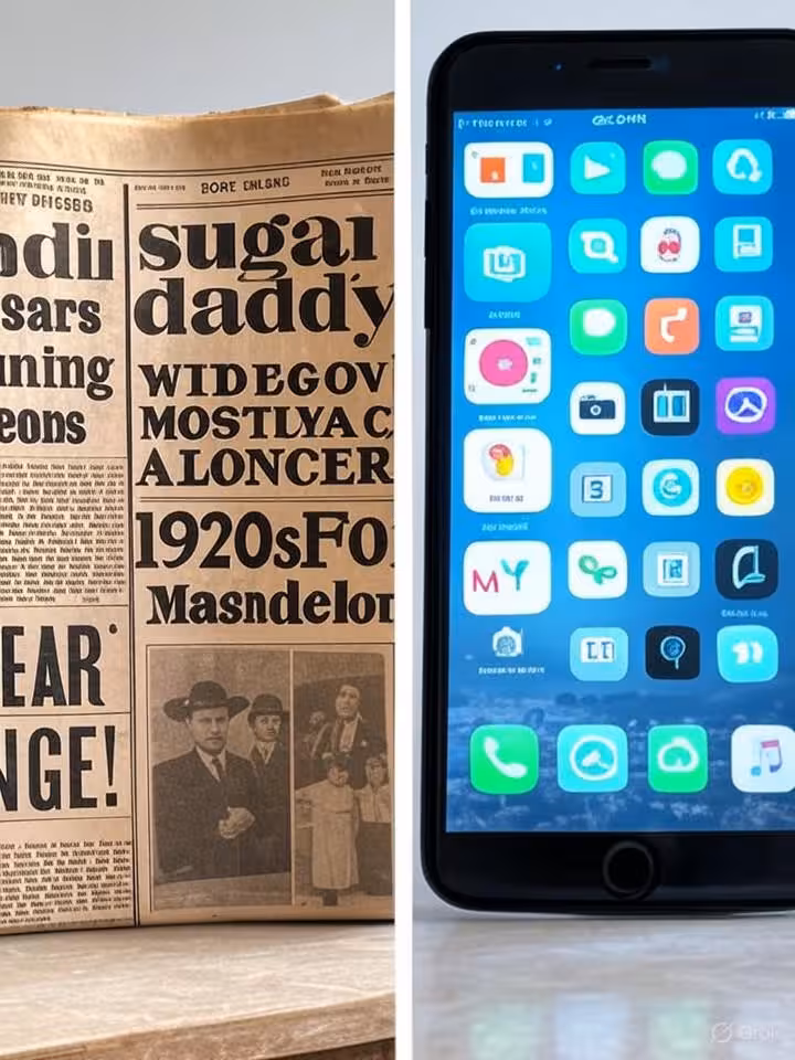 A diverse montage showing contrast between historical and modern: split image with 1920s newspaper h