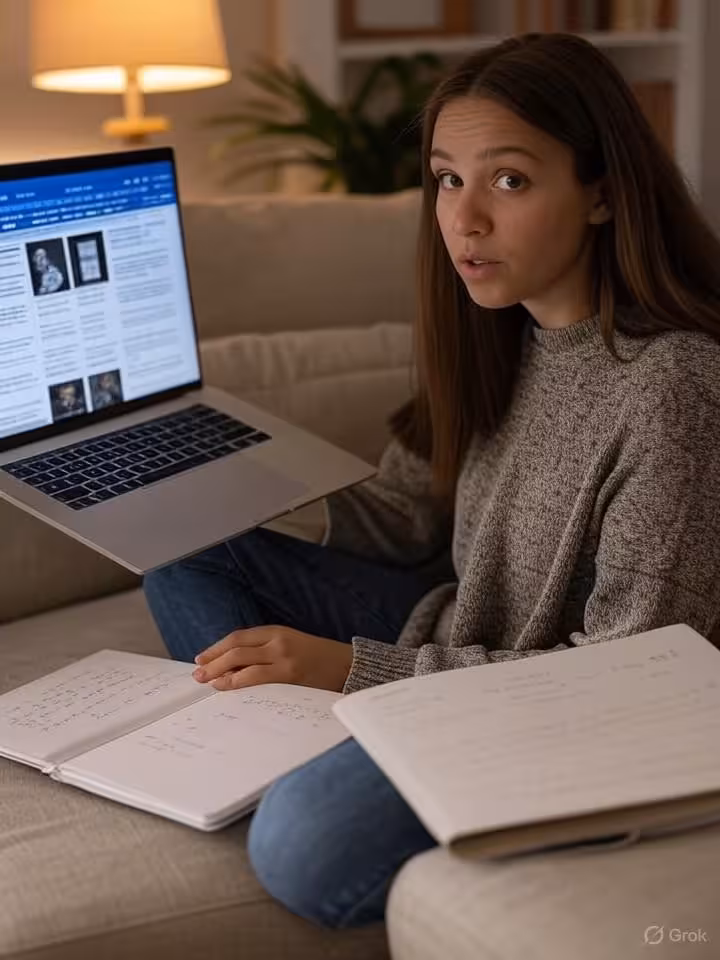 Editorial style photograph of a young woman in her early 30s sitting on a comfortable couch at home 