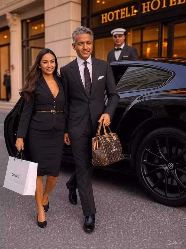 Sophisticated young brunette woman in designer outfit with Louis Vuitton handbag walking arm-in-arm 