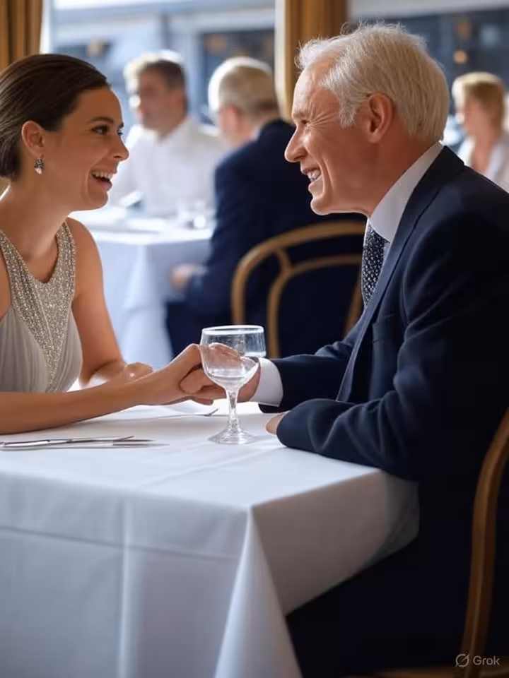 Elegant upscale scene showing a beautifully dressed young woman in her twenties and a distinguished 