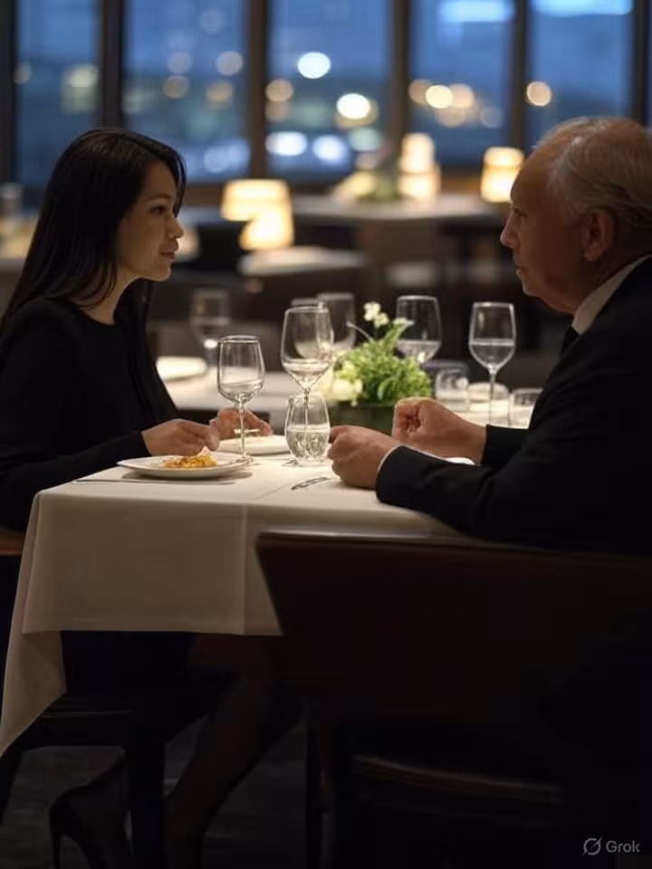 An upscale modern restaurant interior with blurred figures of a younger woman and older man dining a