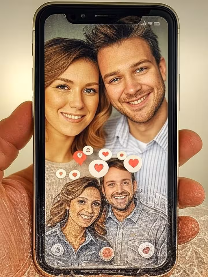 Abstract conceptual image representing digital transformation of relationships: vintage photographs 