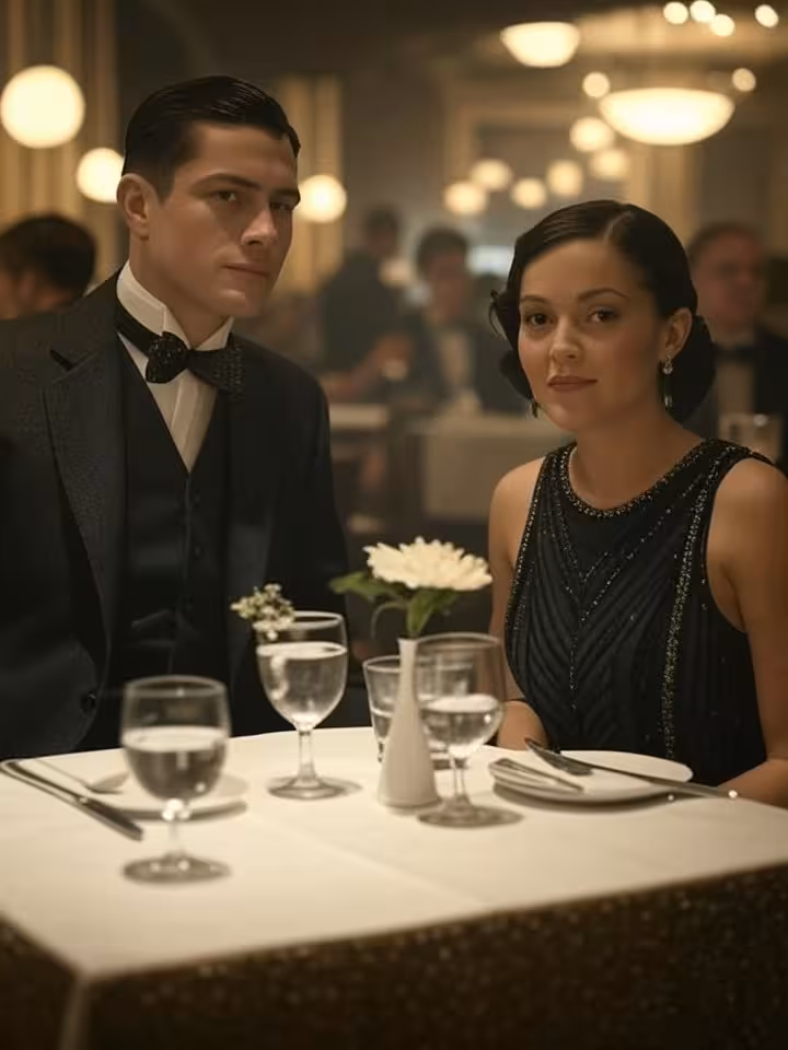 Historical 1920s photograph style, wealthy businessman with younger woman at elegant restaurant, vin