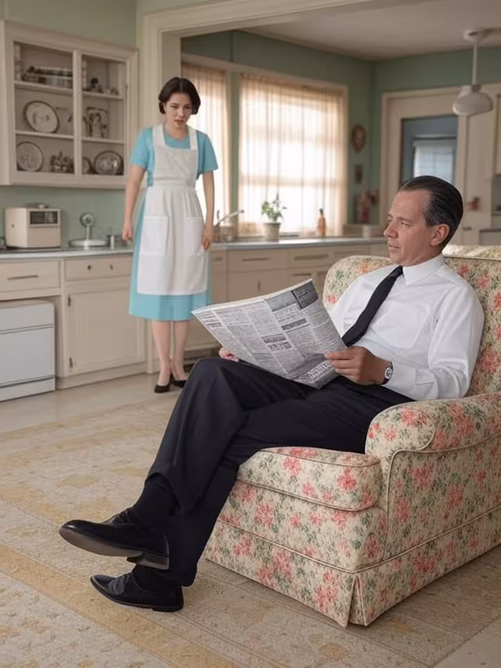Post-war 1950s American suburban scene with gender contrast, businessman reading newspaper while hou