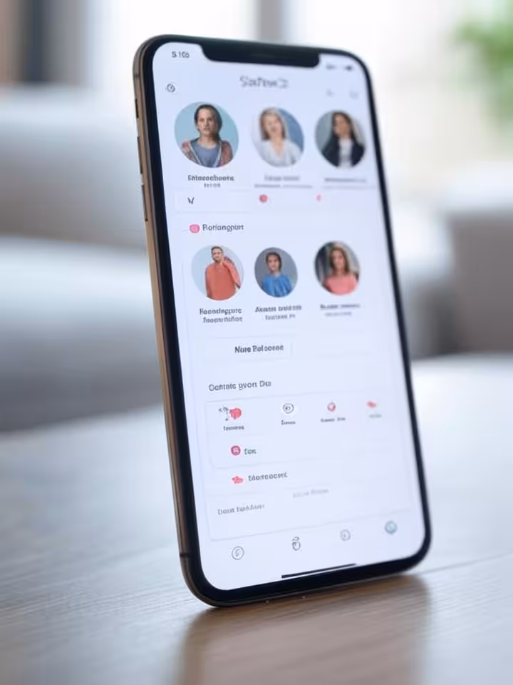 Modern smartphone screen displaying a dating app profile interface with generic user profiles, clean