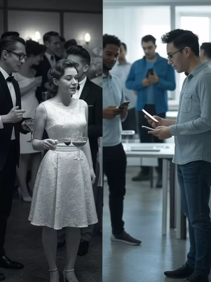 Split comparison image showing 1950s cocktail party networking versus modern digital connection, vin