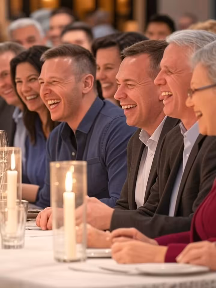 Diverse group of people at an elegant dinner event, showing various ages and genders, upscale restau