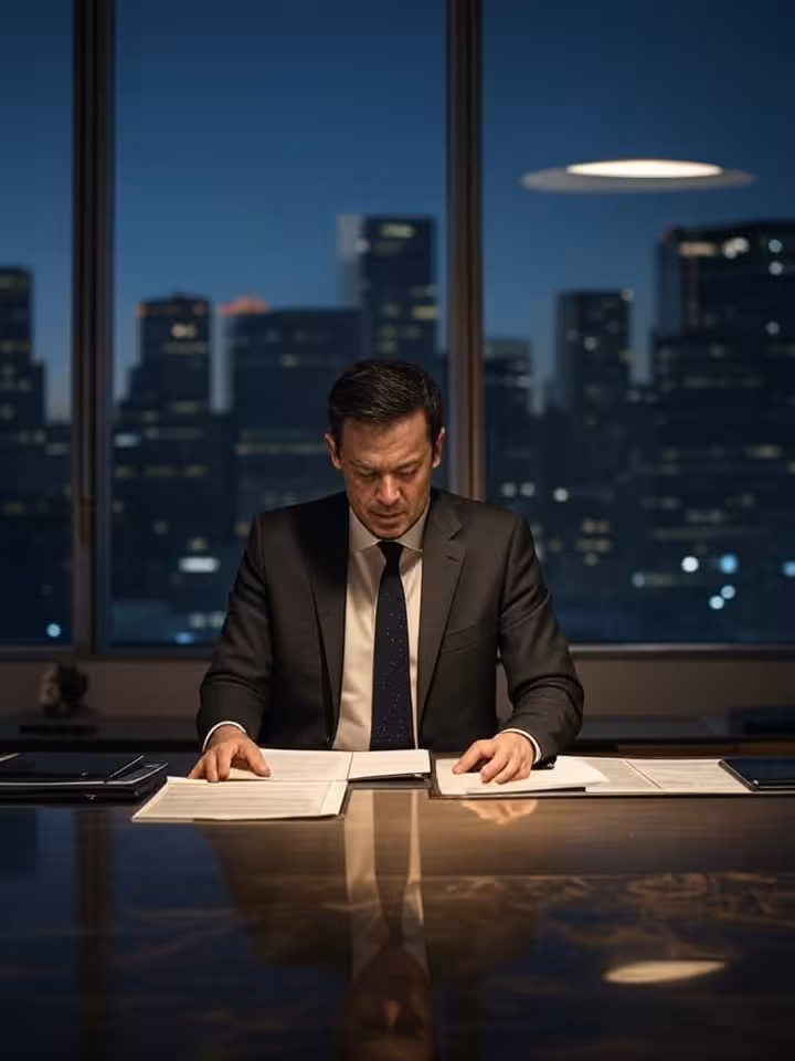 Busy executive working late at modern desk with city skyline at night through window, professional a