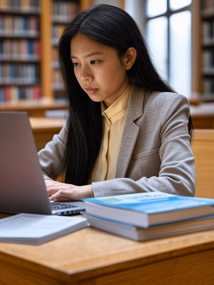 Contemporary young woman studying at university library with laptop and expensive designer accessori