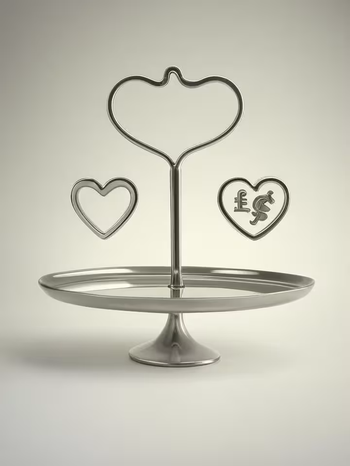 Abstract conceptual image of scales balancing heart symbols and money symbols, modern minimalist des